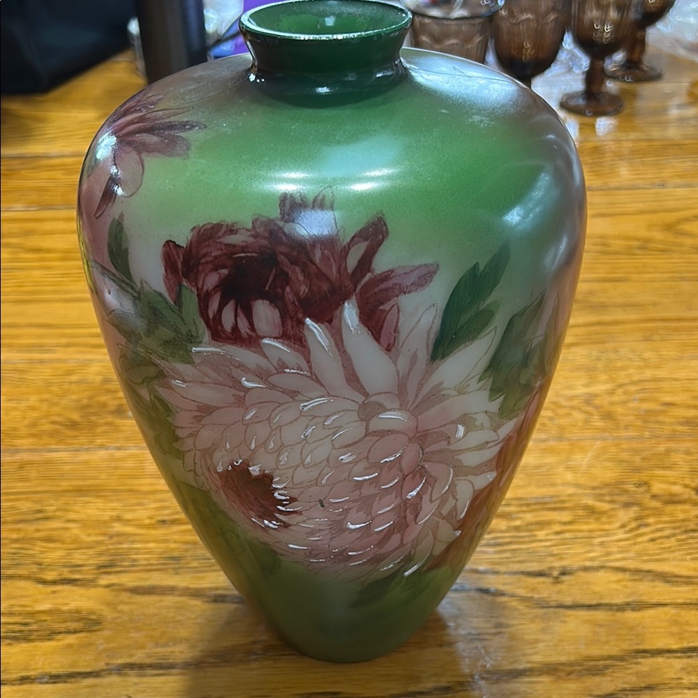 Antique painted milk glass vase.  Green background with chrysanthemum.  Fostoria